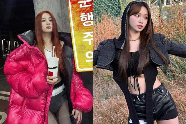 그룹 르세라핌 허윤진과 김채원은 컴백 트레일러에서 팬츠리스 룩을 선보였다. 허윤진 김채원 SNS