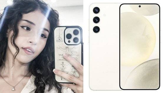 삼성전자는 지난달 17일(현지시간) 미국 캘리포니아 새너제이 SAP 센터에서 갤럭시 신제품을 공개하는 '갤럭시 언팩 2024'를 개최했다. 이 자리에서 무대에 올라 갤럭시24의 기능을 홍보한 유명 트위치 게임 인플루언서 포키메인(사진 왼쪽)이 자신의 아이폰을 들고 사진을 찍고 있는 모습. 오른쪽은 갤럭시S24 앰버 옐로우. 사진 인스타그램 캡처, 삼성전자 제공