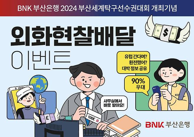 [부산=뉴시스] BNK부산은행은 'BNK부산은행 2024년 부산세계탁구선수권대회' 개최를 기념해 오는 3월 말까지 비대면 외화현찰배달 서비스 환율우대 이벤트를 진행한다고 2일 밝혔다. (사진=부산은행 제공) *재판매 및 DB 금지