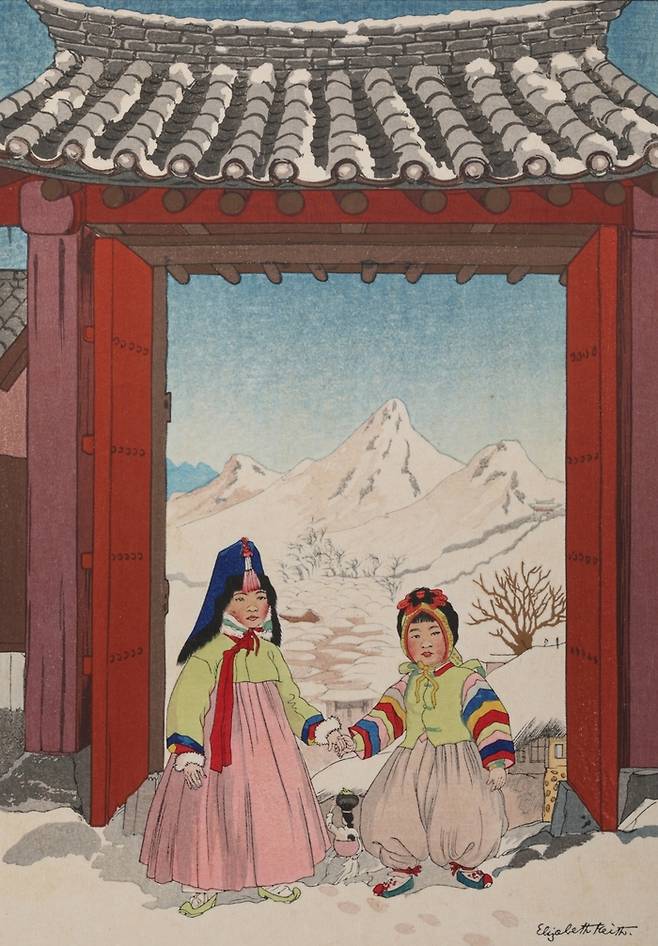 색동저고리를 입은 어린이들. [국립민속박물관(엘리자베스 키스 판화)]