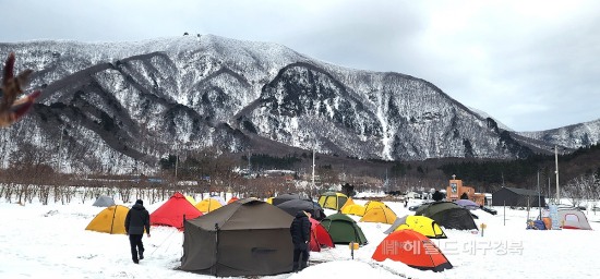 겨울왕국 울릉도 나리분지에는 요즘  스노 캠핑 마니아 들이 북적이고 있다(독자제공)