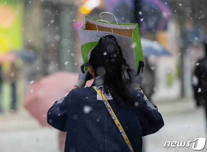 서울 전역에 대설주의보가 발효된 30일 서울 중구 명동거리에서 한 시민이 종이가방으로 눈을 피하고 있다. 2023.12.30/뉴스1 ⓒ News1 이재명 기자