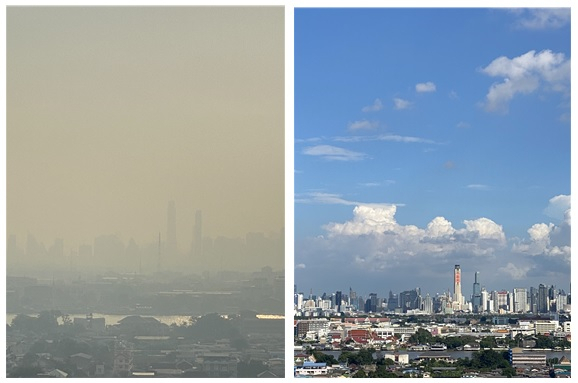▲2024년 1월 중순 방콕 시내 전경. 미세먼지로 인해 건물들의 윤곽만 보인다. 작년 10월 우기 때(오른쪽)와 비교하면 건기 방콕의 대기오염이 얼마나 심각한지 알 수 있다. ⓒ유예지