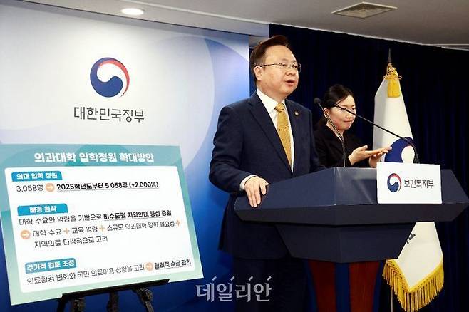 조규홍 보건복지부 장관이 6일 정부서울청사에서 의대 정원 확대 방안을 발표하고 있다. ⓒ보건복지부