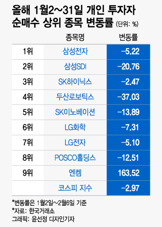 올해 1월 개인 투자자 순매수 상위 종목 변동률.