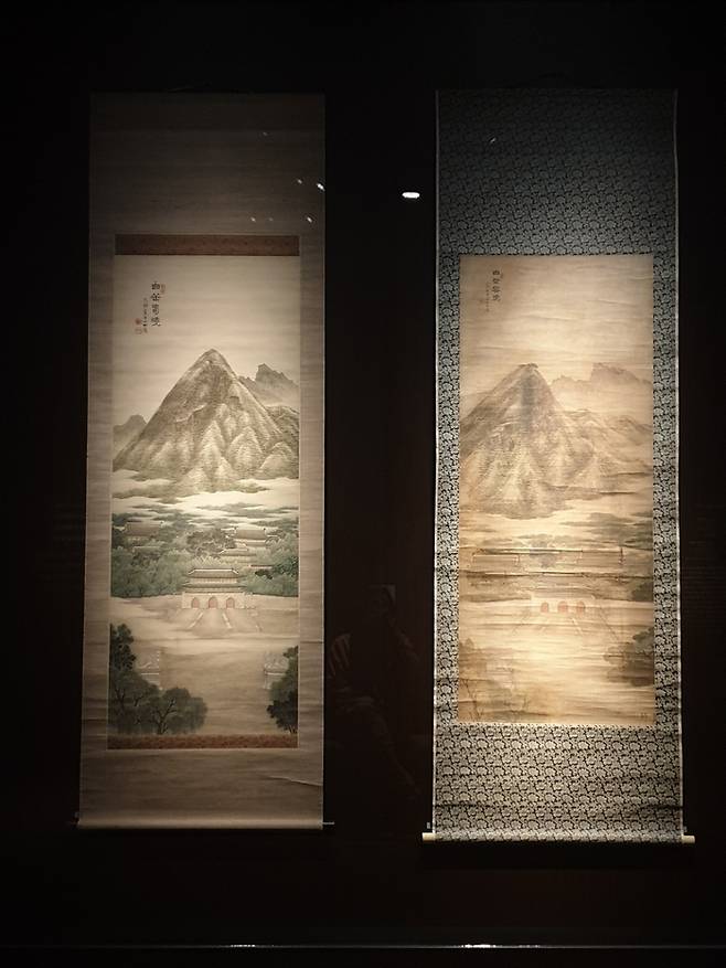 근대미술 화가 안중식의 1915년 작품인 ‘백악춘효’ 여름본(왼쪽)과 가을본 /국립중앙박물관 소장