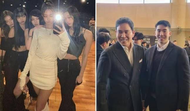 왼쪽 사진은 프로듀서 테디가 설립한 연예기획사 소속 걸그룹 연습생 추정 사진으로, 문서윤씨는 사진 맨 오른쪽. 오른쪽 사진은 정용진 신세계 부회장과 장남 정해찬씨가 지난해 한지희씨 플루트 독주회에 참석한 모습./온라인커뮤니티, 조선DB