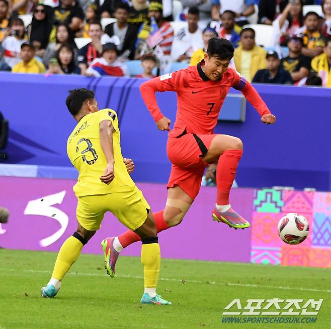 25일(현지시간) 카타르 알와크라 알자누브 스타디움에서 열린 2023 아시아축구연맹(AFC) 카타르 아시안컵 대한민국과 말레이시아의 경기. 손흥민이 슈팅을 시도하고 있다. 알와크라(카타르)=박재만 기자pjm@sportschosun.com/2023.01.25/