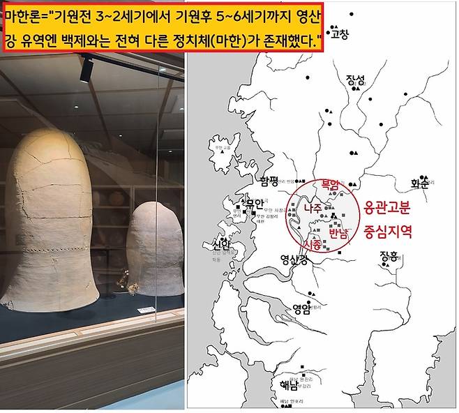 마한론자들은 “영산강 유역에서 마한은 기원전 3~2세기 무렵부터 기원후 6세기까지 백제와는 전혀 다른 정치체를 유지하며 존속했다”고 주장한다.|나주복암리고분 전시관·김낙중 전북대 교수 논문 지도 인용