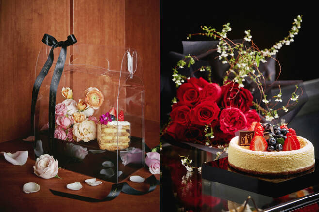 파크 하얏트 부산 파티세리에서 케이크와 꽃장식이 함께한 케이크 & 플라워 세트를 선보인다. /사진=파크 하얏트 부산