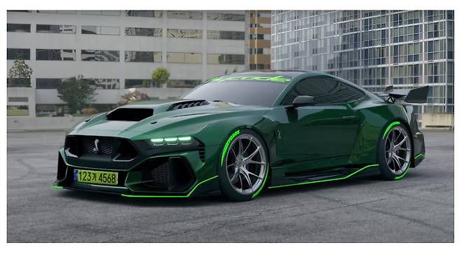 올해 출시될 차량에 초록색 래핑과 연두색 번호판을 입혀 합성한 사진. 2024 쉘비 GT500 by HICADE를 누리꾼들이 가져와 인용한 게시글. [포드자동차 커뮤니티 갈무리]