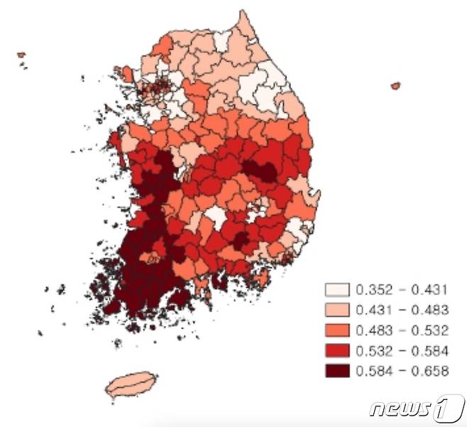 사회불안 지표를 반영한 최종 폭염 취약성 지수(기후변화학회 제공) ⓒ 뉴스1