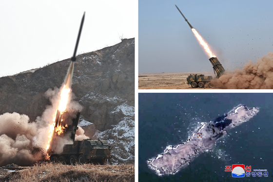 Photos of the240mm artillery shells that North Korea has claimed of testing on Sunday. The pictures were released by the state-owned Korean Central News Agency. [KCNA/YONHAP]