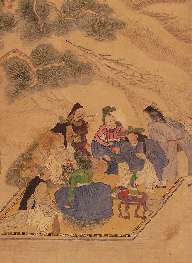 추운 겨울날 나무 밑에서 벌어지는 소고기 파티(일부 그림). 조선후기 초겨울이 되면 볼 수 있다는 ‘난로회(煖爐會)’의 모습을 연상하게 하는 풍속화다. [국립중앙박물관]