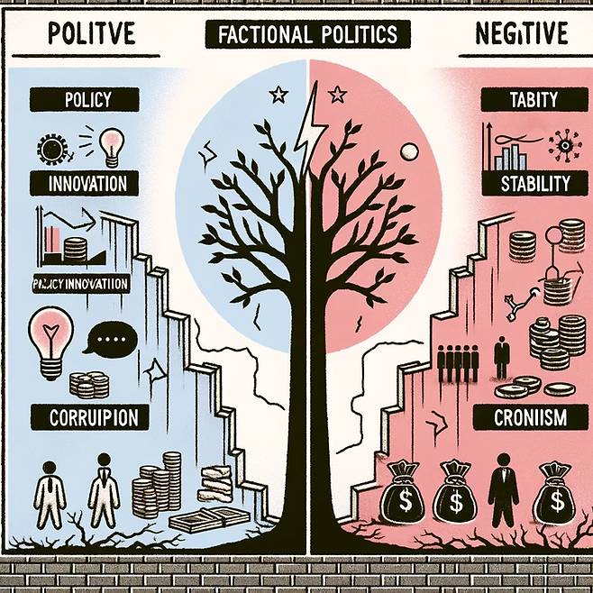 챗GPT가 파벌정치의 순기능과 역기능을 그래픽화한 이미지.