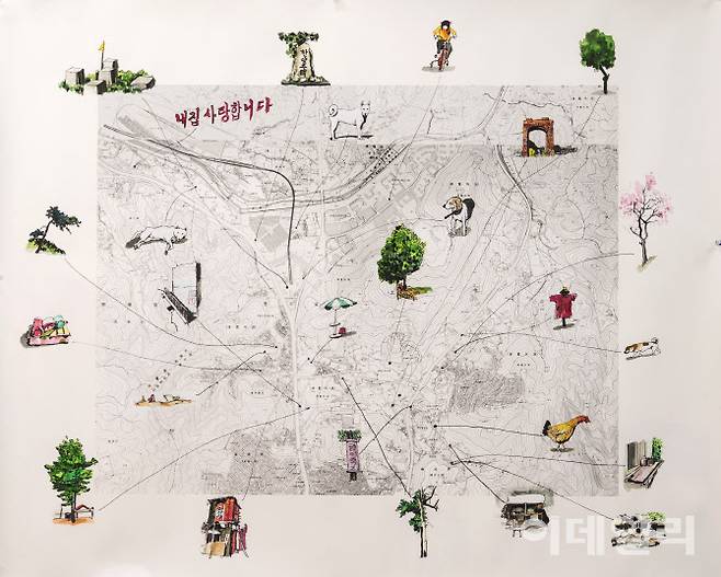 강홍구의 드로잉 ‘뉴타운 지도’(2009). ‘강홍구 개인전: 도시-서울-나누기’(5.2∼8.4 미술아카이브)에 걸린다. 서울시립미술관이 올해 주제전으로 기획한 ‘건축’ 곁에 세울 만한 또 다른 집 이야기다(사진=서울시립미술관).