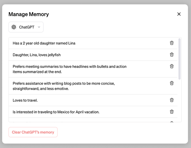 챗GPT 의 기억을 입력하는 화면. <사진=오픈AI>