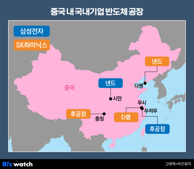 중국 내 삼성전자 및 SK하이닉스 반도체 공장./그래픽=비즈워치