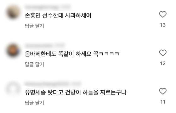 이강인(23·파리 생제르맹) 소셜미디어(SNS)에 달린 비난 댓글. 사진 인스타그램 캡처