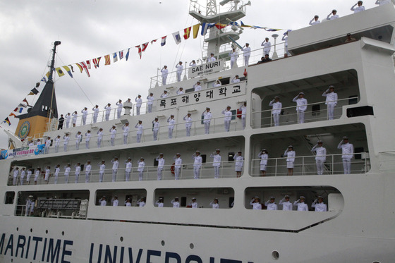 Students training to be marine officers at Mokpo National Maritime University go on a training voyage last year. [MOKPO NATIONAL MARITIME UNIVERSITY]