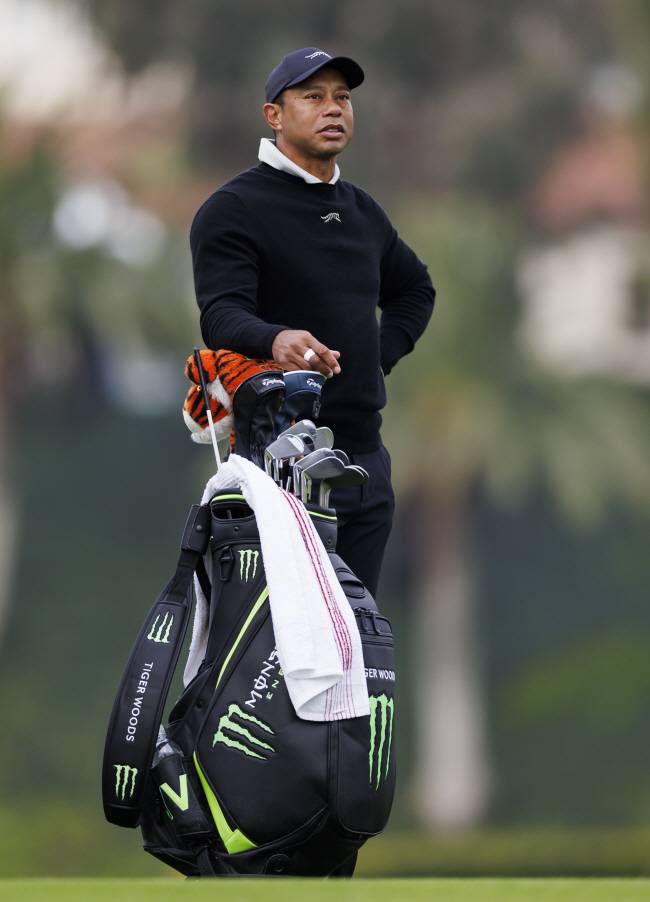 미국의 타이거 우즈가 15일 오전(한국시간) 미국 캘리포니아주 퍼시픽 팰리세이즈의 리비에라 컨트리클럽에서 열린 PGA투어 특급대회 제네시스 인비테이셔널 프로암 도중 1번 홀 페어웨이에서 경기를 지켜보고 있다. 나이키와 후원 계약을 끝낸 우즈는 올해부터 테일러메이드가 내놓은 의류 브랜드인 선데이레드의 모자와 의류, 신발 등을 착용하고 있다.  AP 연합뉴스