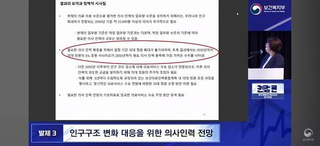 복지부가 지난해 6월27일 서울 로얄호텔에서 주최한 '과학적 근거에 기반한 적정 의사인력 확충 방안 논의를 위한 의사인력 수급추계 전문가 포럼'에서 발표된 '인구구조 변화 대응을 위한 의사 인력 전망'연구.[이미지출처=보건복지부TV 캡처]