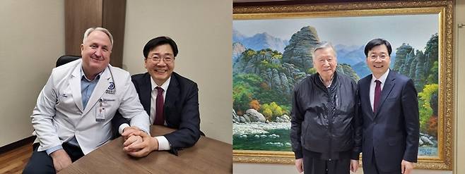 사진 왼쪽부터 인요한 교수, 김형석 예비후보, 이중근 부영 창업주.