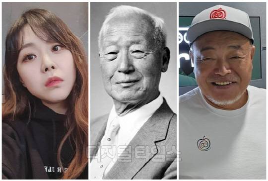 (왼쪽부터) 가수 이예준, 이승만 전 대통령, 가수 김흥국. <디지털타임스 DB>
