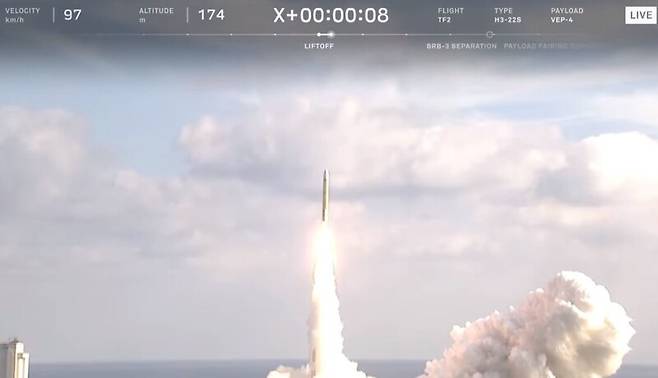 이륙한 H3 로켓이 서서히 고도를 높이고 있다. 웹방송 갈무리