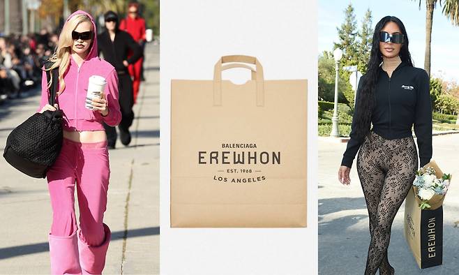 발렌시아가 2024 FW컬렉션에 등장한 에레혼. 모델이 들고 있는 테이크아웃 음료잔(왼쪽), 에레혼 로고가 박힌 발렌시아가 종이백(중앙), 킴 카다시안 손에 들린 발렌시아가 종이백(오른쪽). [WWD]