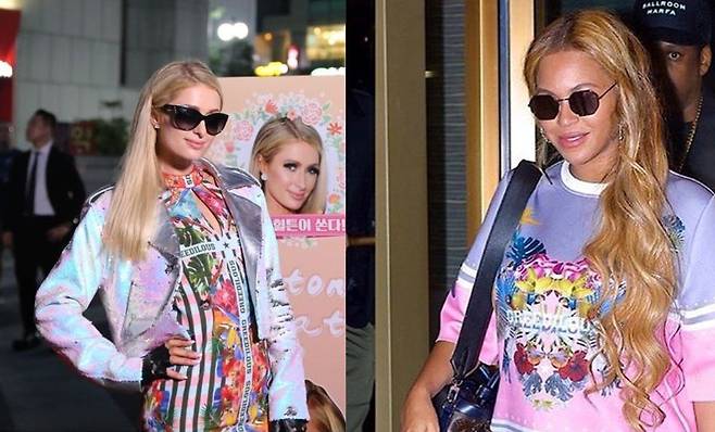 그리디어스 옷을 입은 패리스 힐튼(왼쪽)과 비욘세(오른쪽).