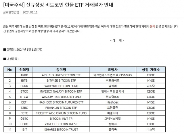 키움증권이 지난달 11일 비트코인 현물 ETF에 대한 거래 불가를 안내한 캡처화면. 키움증권 제공