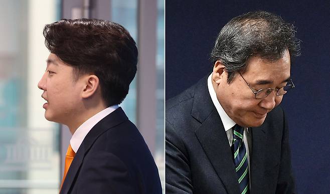 이준석(왼쪽) 개혁신당 대표와 이낙연 새로운미래 공동대표가 20일 서울 여의도 국회와 당사에서 각각 합당 철회 관련 기자회견을 하고 있다. 둘은 함께한 지 열흘 만에 갈라섰다./뉴스1