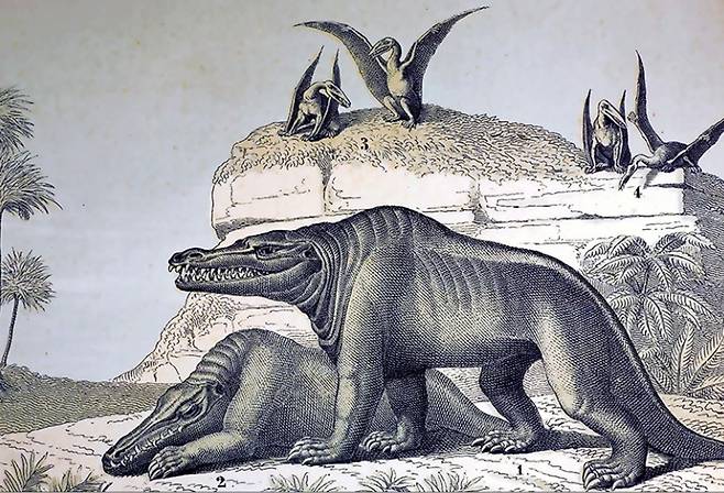 최초로 이름이 붙여진 공룡 메갈로사우루스를 그린 그림./폴 D. 스튜어트, SPL
