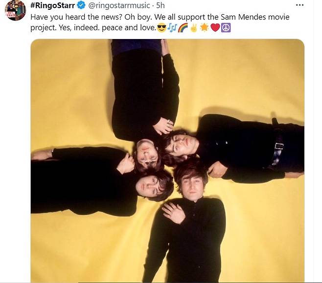 비틀스 멤버 링고스타가 소셜미디어에 올린 글  [링고스타 X 계정 게시물 캡처. 재판매 및 DB 금지]