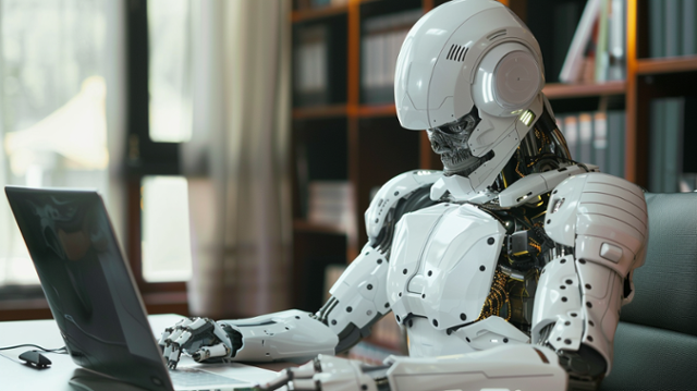 그림 생성형 인공지능(AI) '미드저니'에 '인간의 직업이 AI로 대체된 시대의 기자'를 상상하게 한 결과물. 로봇이 노트북을 두드리고 있다. 미드저니 캡처