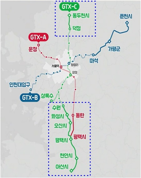 ▲수도권 광역급행철도(GTX) A·C노선 연장 계획. ⓒ경기도