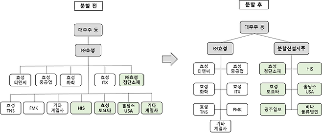 할 전후 효성의 지주회사 체제 변화