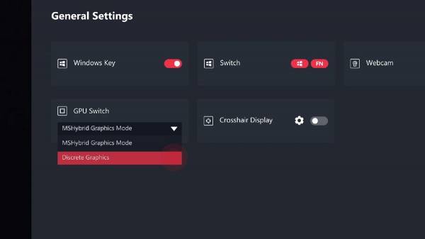 MUX 스위치로 외장 그래픽카드만 사용하는 논옵티머스를 설정할 수 있어요. / 출처: MSI