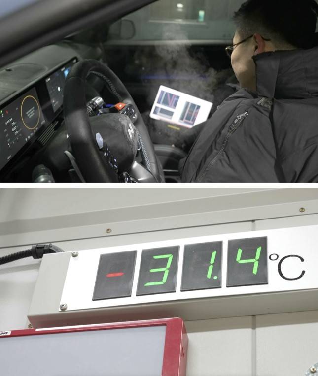 혹한 상황에서의 배터리 성능을 시험하기 위해 현대차그룹 남양연구소에서 챔버 테스트가 이뤄진다./사진=현대차그룹