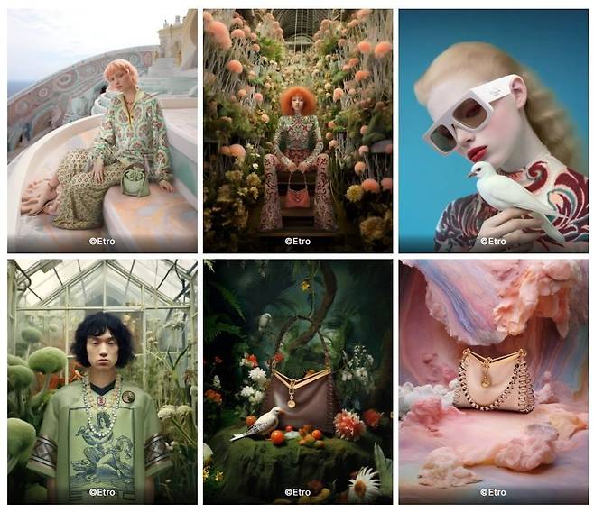 럭셔리 브랜드 에트로의 디지털 크리에이티브와 AI가 협업한 ‘2024 봄·여름 캠페인’. 에트로의 제품 외에 사진 속 모든 인물, 배경은 AI가 생성한 콘텐츠다. 사진=에트로 제공