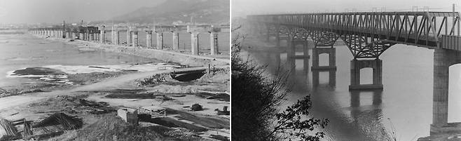 1979년 1월 서울 지하철 2호선 구의동~성내동을 연결하는 잠실철교의 교각이 공정률 60%를 넘기고 있다(왼쪽). 오른쪽은 같은 시기 완공된 당산철교의 모습. 합정역과 당산역을 잇는 당산철교는 당시 한강의 3번째 철교로 철도교량으로서는 국내에서 가장 긴 다리였다. [매경DB]