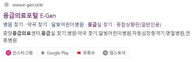 '응급의료포털 E-Gen'으로 검색하면 사이트 알림 화면에서 '종합상황판(일반인용)'을 바로 클릭할 수 있다. /사진=인터넷 검색창 캡처.