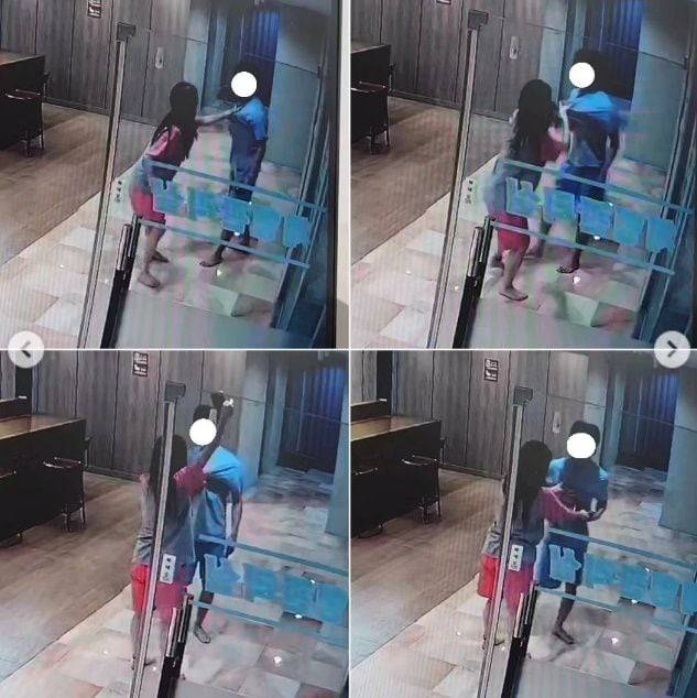 찜질방 CCTV에 여성 고객이 여자화장실에서 불법 촬영하던 남성 멱살을 붙잡고 경찰이 오기까지 기다리고 있는 모습이 고스란히 담겼다. /인스타그램