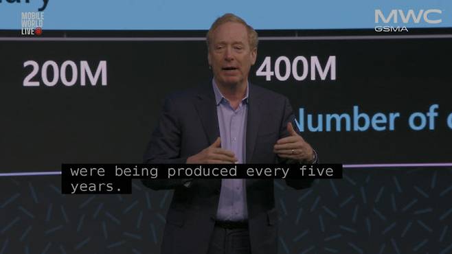 브래드 스미스 마이크로소프트(MS) 부회장 겸 사장이 26일(현지시간) 스페인 바르셀로나에서 열린 모바일월드콩그레스2024(MWC24) 개막 첫날 다섯번째 기조연설자로 나섰다. (사진=MWC24 온라인 화면 캡처)