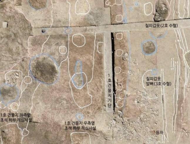 관북리 유적 1호 건물터 주변의 유적 유물 출토 상황을 설명한 도해용 사진. 국립부여문화재연구소 제공