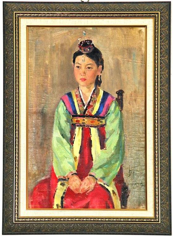 평양 출신으로 북한에서 활동한 김관호의 유화 '예술가의 딸'(1957). LACMA는 명제표에 "오른쪽 아래 '57 관호'라는 서명이 있다"고 덧붙였다. 사진 LACMA