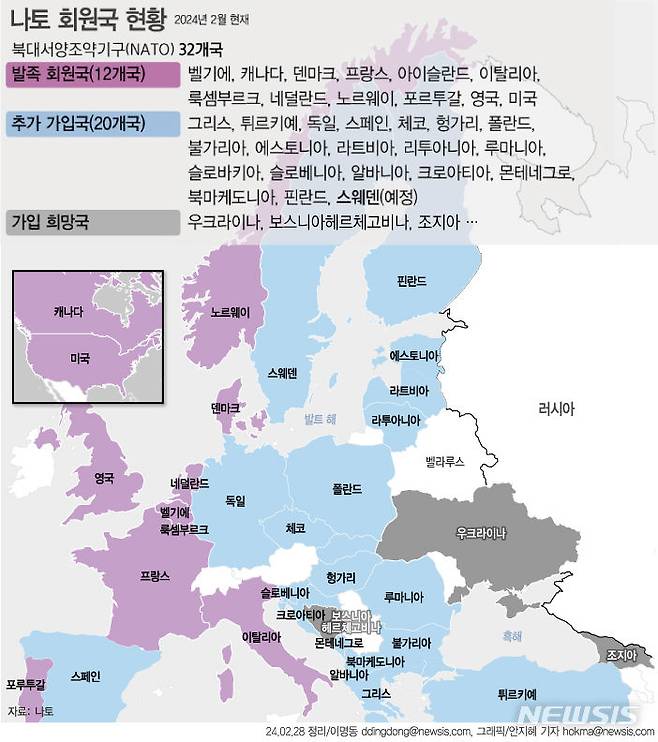 [서울=뉴시스] 헝가리 부다페스트 의회에서 스웨덴의 북대서양조약기구(NATO·나토) 가입안을 찬성 188명, 반대 6명으로 비준했다. 200년 넘는 비군사동맹 전통을 깨고 스웨덴은 사실상 나토 32번째 회원국이 됐다. (그래픽=안지혜 기자)  hokma@newsis.com