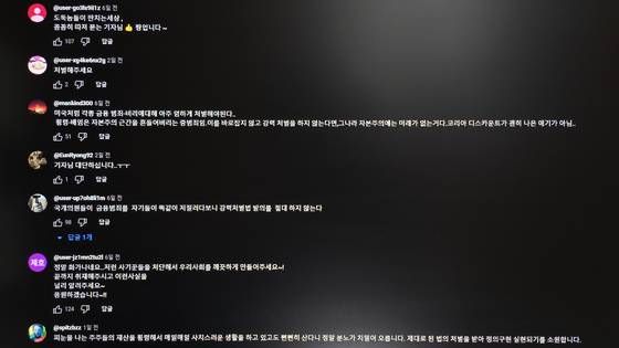 김영준 이그룹(옛 이화그룹) 회장 추적 보도 영상에 달린 수천 개의 댓글 중 일부. 누리꾼들은 김 회장이 보석 석방 이후 호화생활을 즐기는 모습에 분노했다.