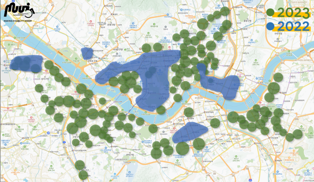 무의가 ‘휠비’ 앱에 휠체어 접근 가능 장소 정보를 모은 170개 서울지하철역 주변 지역 분포
